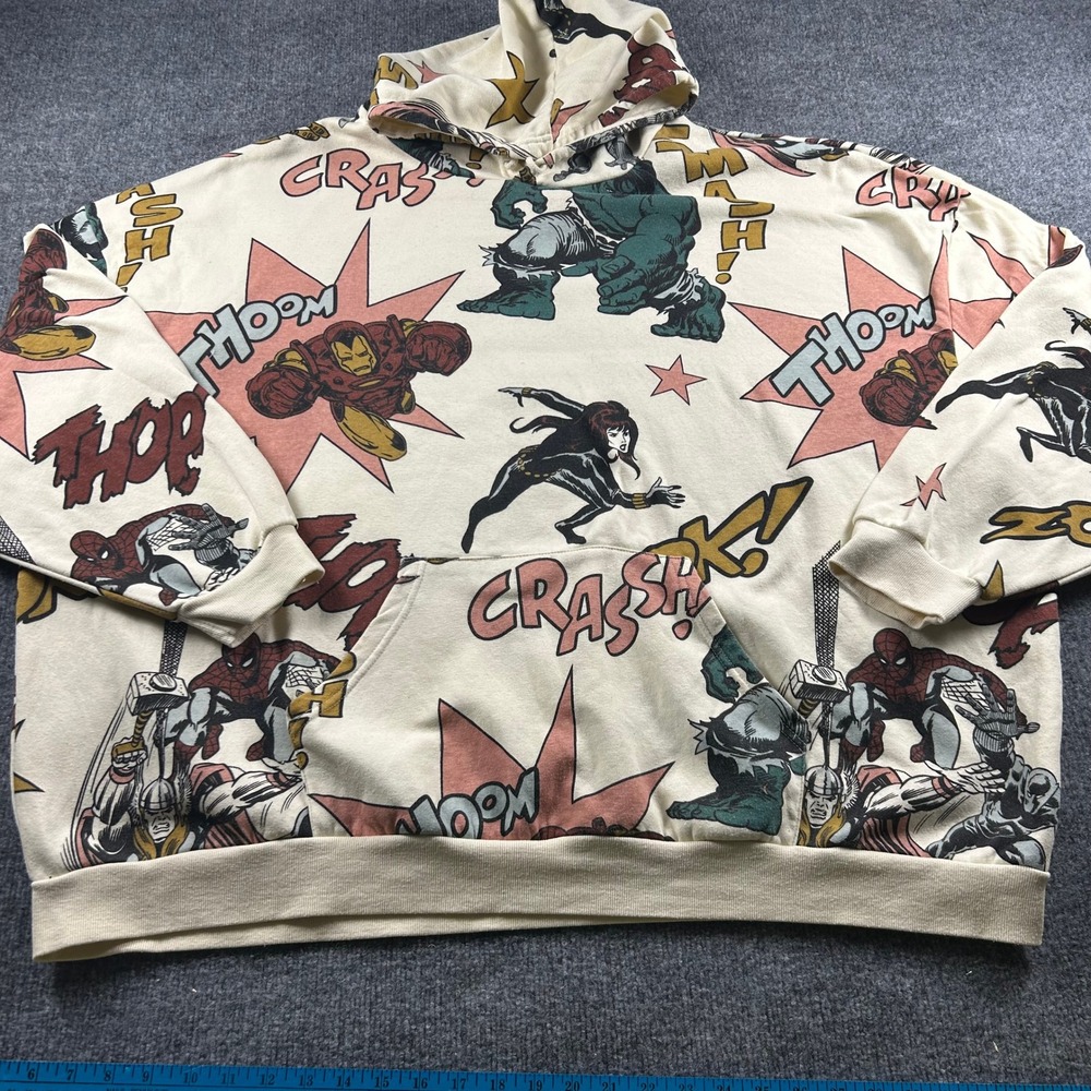 Marvel Comics All Over Print Hoodie Mens 5XL Cream Vintage Graphic Pullover